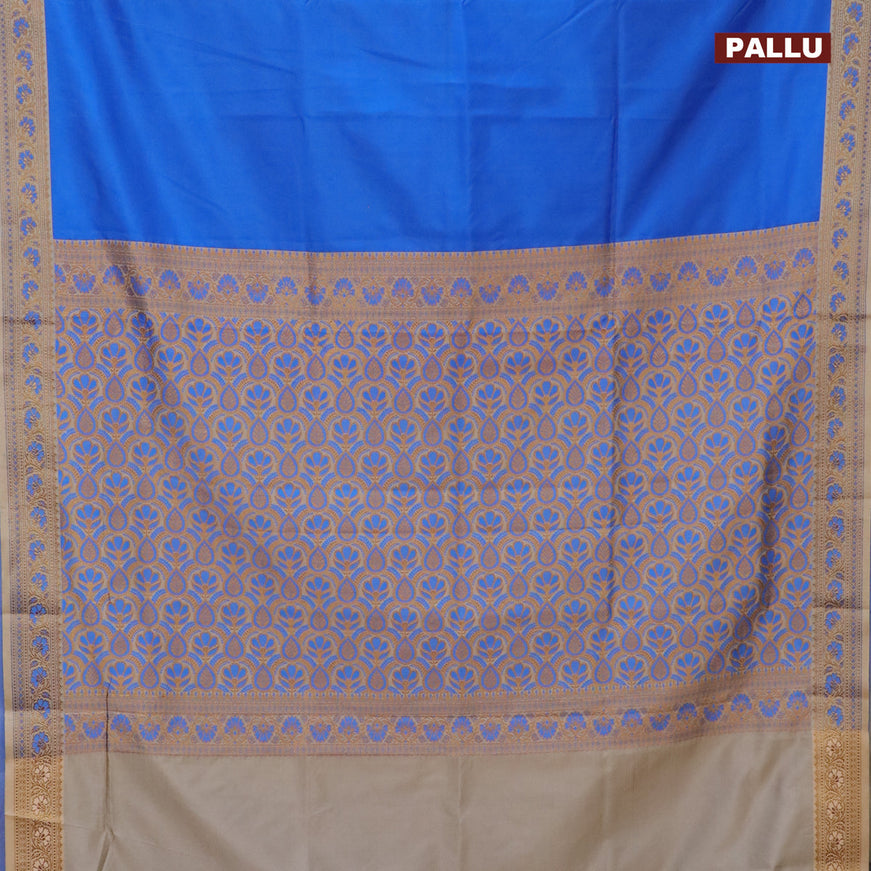 Banarasi semi katan saree cs blue and sandal with plain body and thread & zari woven border