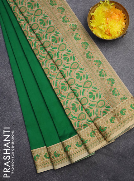 Banarasi semi katan saree green and sandal with plain body and thread & zari woven border