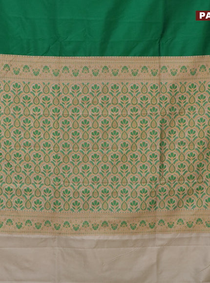 Banarasi semi katan saree green and sandal with plain body and thread & zari woven border