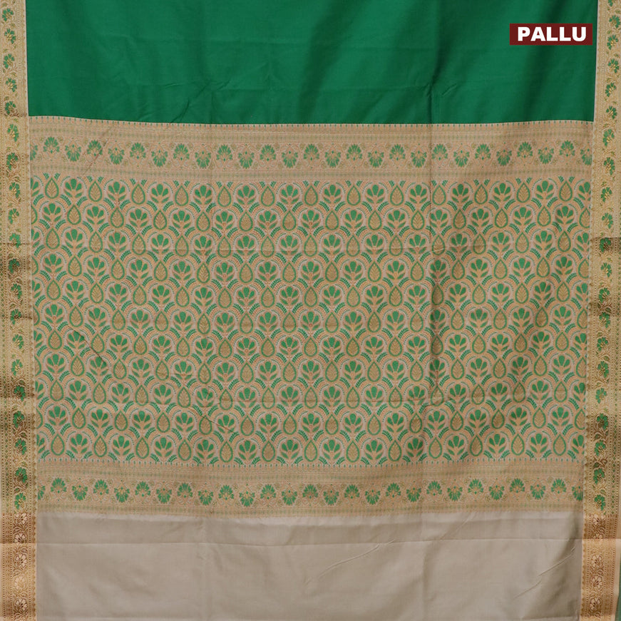 Banarasi semi katan saree green and sandal with plain body and thread & zari woven border