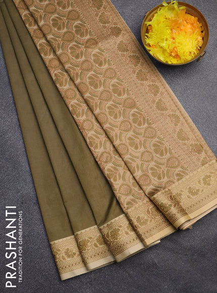 Banarasi semi katan saree military green and sandal with plain body and thread & zari woven border