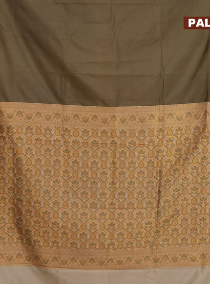 Banarasi semi katan saree military green and sandal with plain body and thread & zari woven border