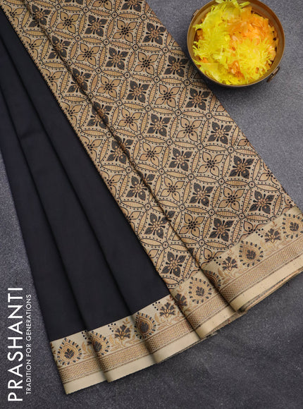 Banarasi semi katan saree black and sandal with plain body and thread & zari woven border