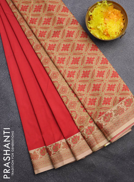 Banarasi semi katan saree red and sandal with plain body and thread & zari woven border