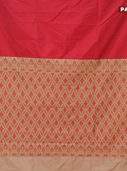 Banarasi semi katan saree red and sandal with plain body and thread & zari woven border