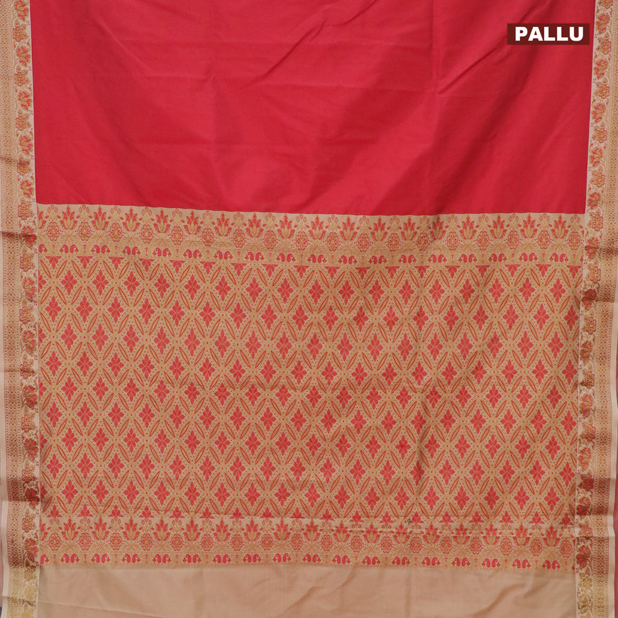 Banarasi semi katan saree red and sandal with plain body and thread & zari woven border