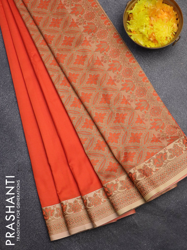 Banarasi semi katan saree orange and sandal with plain body and thread & zari woven border