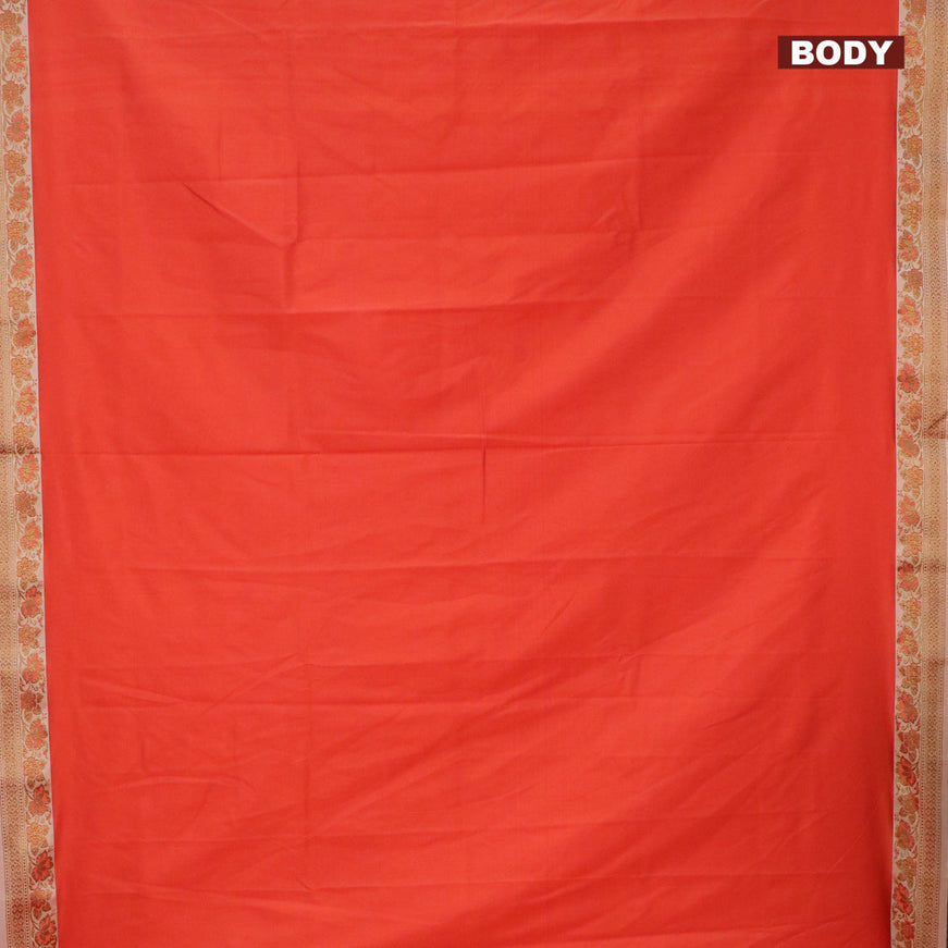 Banarasi semi katan saree orange and sandal with plain body and thread & zari woven border