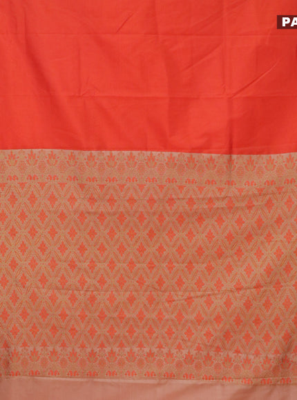 Banarasi semi katan saree orange and sandal with plain body and thread & zari woven border