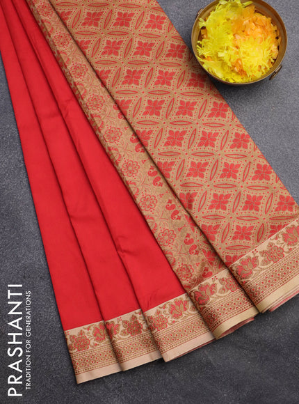 Banarasi semi katan saree red and sandal with plain body and thread & zari woven border