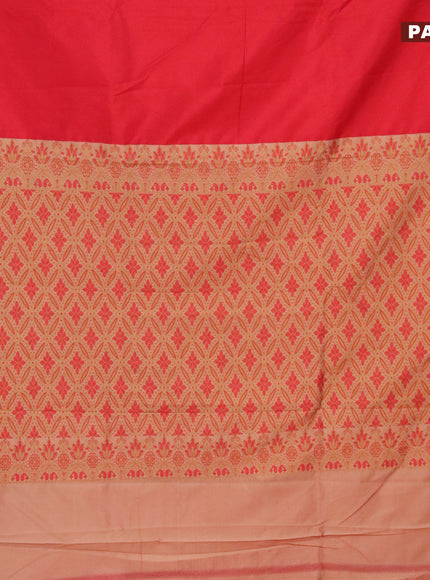 Banarasi semi katan saree red and sandal with plain body and thread & zari woven border