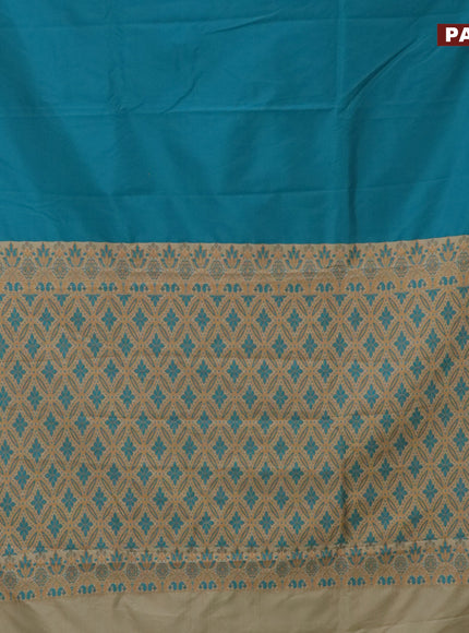 Banarasi semi katan saree teal blue and sandal with plain body and thread & zari woven border