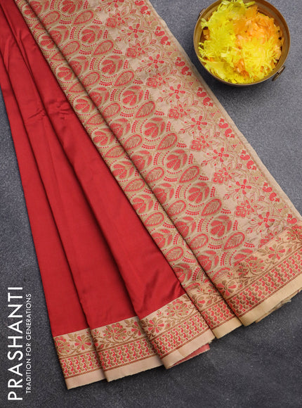 Banarasi semi katan saree red and sandal with plain body and thread & zari woven border