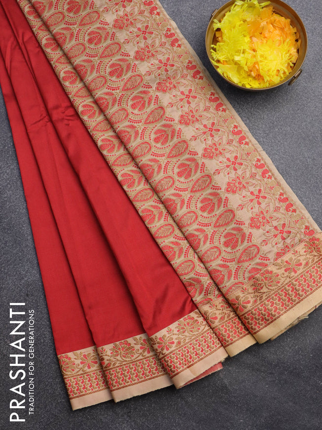 Banarasi semi katan saree red and sandal with plain body and thread & zari woven border