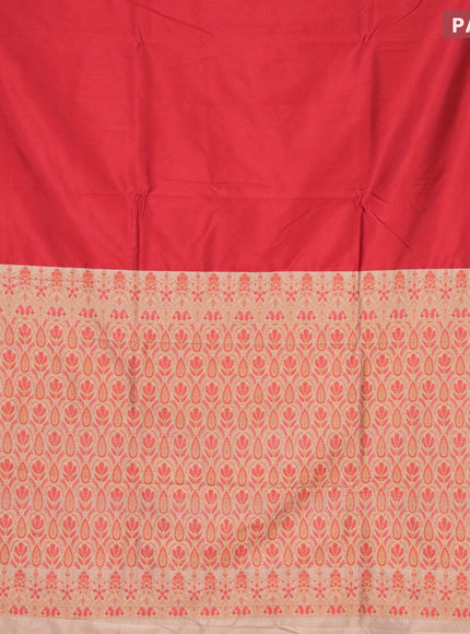 Banarasi semi katan saree red and sandal with plain body and thread & zari woven border