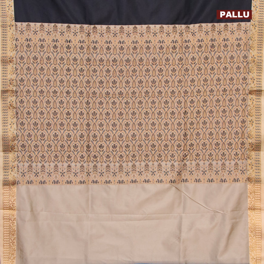 Banarasi semi katan saree black and sandal with plain body and thread & zari woven border