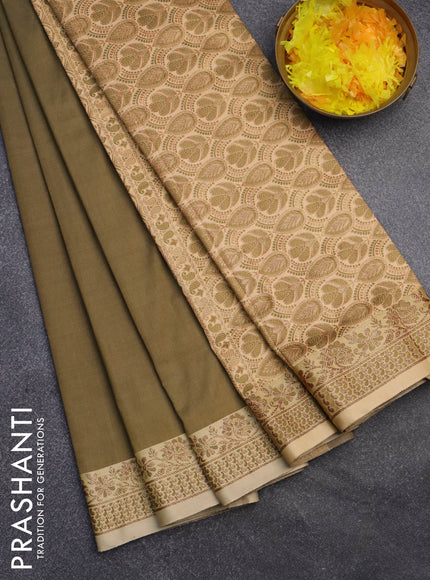 Banarasi semi katan saree military green and sandal with plain body and thread & zari woven border