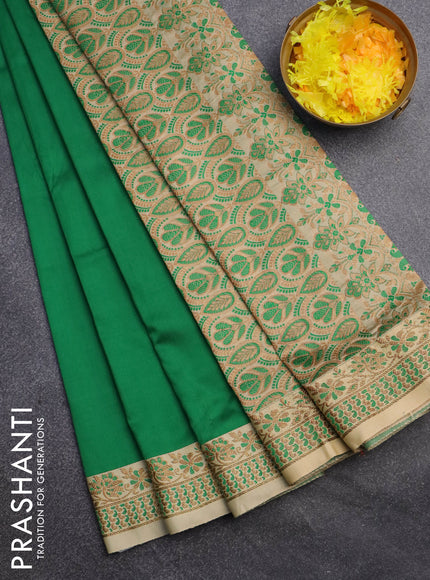 Banarasi semi katan saree green and sandal with plain body and thread & zari woven border