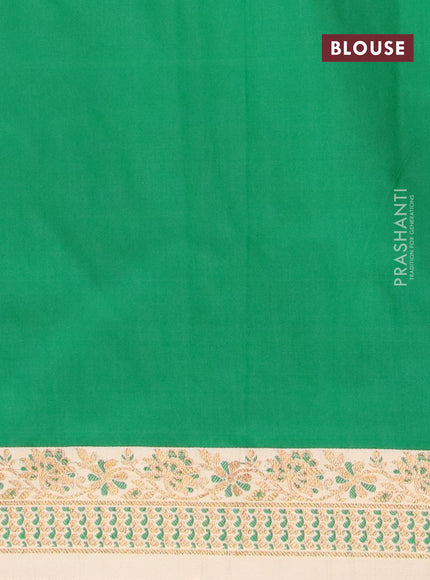 Banarasi semi katan saree green and sandal with plain body and thread & zari woven border