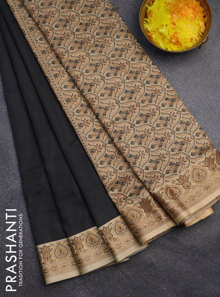 Banarasi semi katan saree black and sandal with plain body and thread & zari woven border