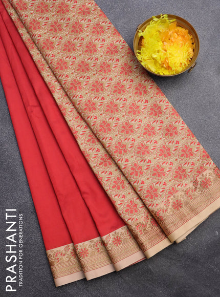 Banarasi semi katan saree red and sandal with plain body and thread & zari woven border