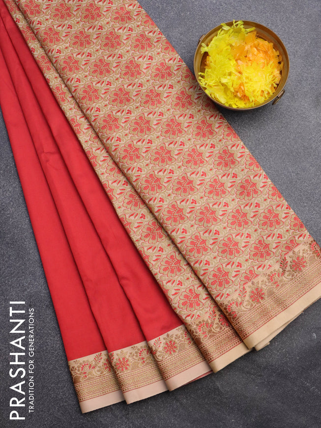 Banarasi semi katan saree red and sandal with plain body and thread & zari woven border