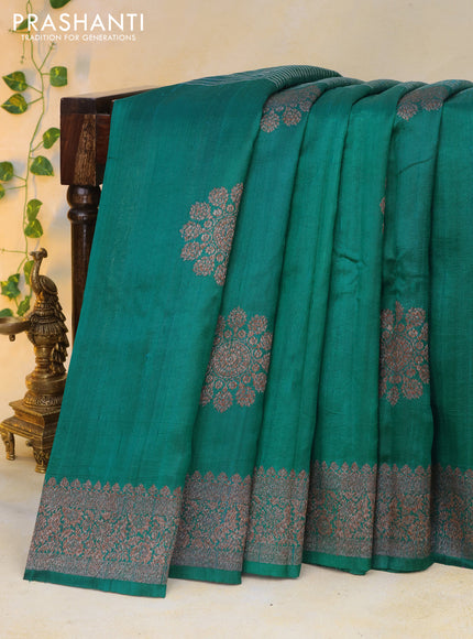 Banarasi raw silk saree teal green with half & half style and woven border