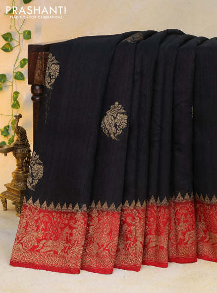 Banarasi raw silk saree black and red with thread & zari woven buttas and long woven border