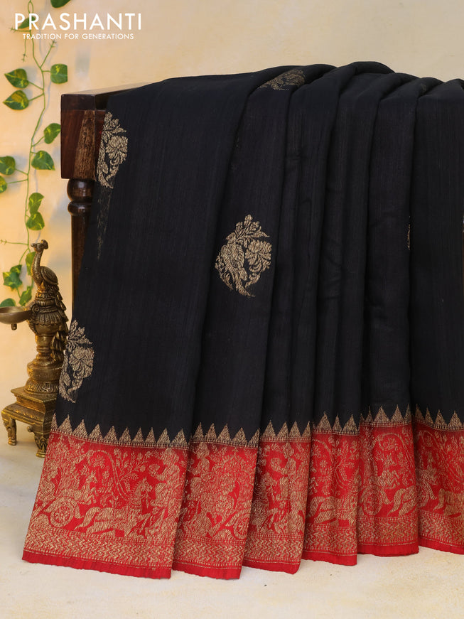 Banarasi raw silk saree black and red with thread & zari woven buttas and long woven border