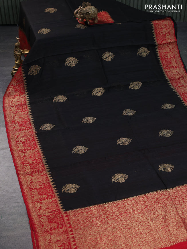 Banarasi raw silk saree black and red with thread & zari woven buttas and long woven border