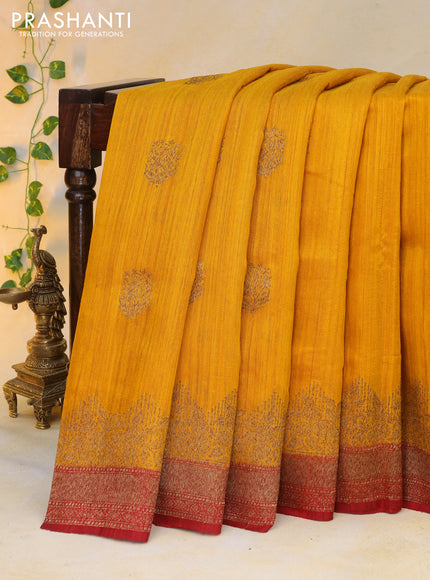 Banarasi raw silk saree mango yellow and maroon with thread & zari woven buttas and long woven border