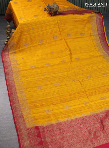 Banarasi raw silk saree mango yellow and maroon with thread & zari woven buttas and long woven border