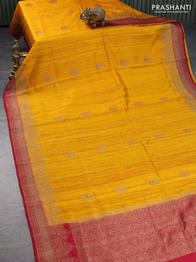 Banarasi raw silk saree mango yellow and maroon with thread & zari woven buttas and long woven border