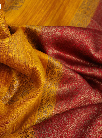 Banarasi raw silk saree mango yellow and maroon with thread & zari woven buttas and long woven border