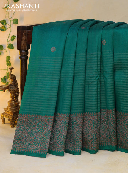 Banarasi raw silk saree teal green with thread & zari woven buttas and long woven border