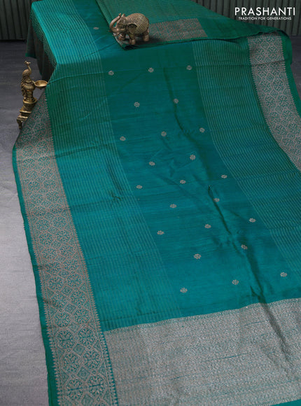 Banarasi raw silk saree teal green with thread & zari woven buttas and long woven border