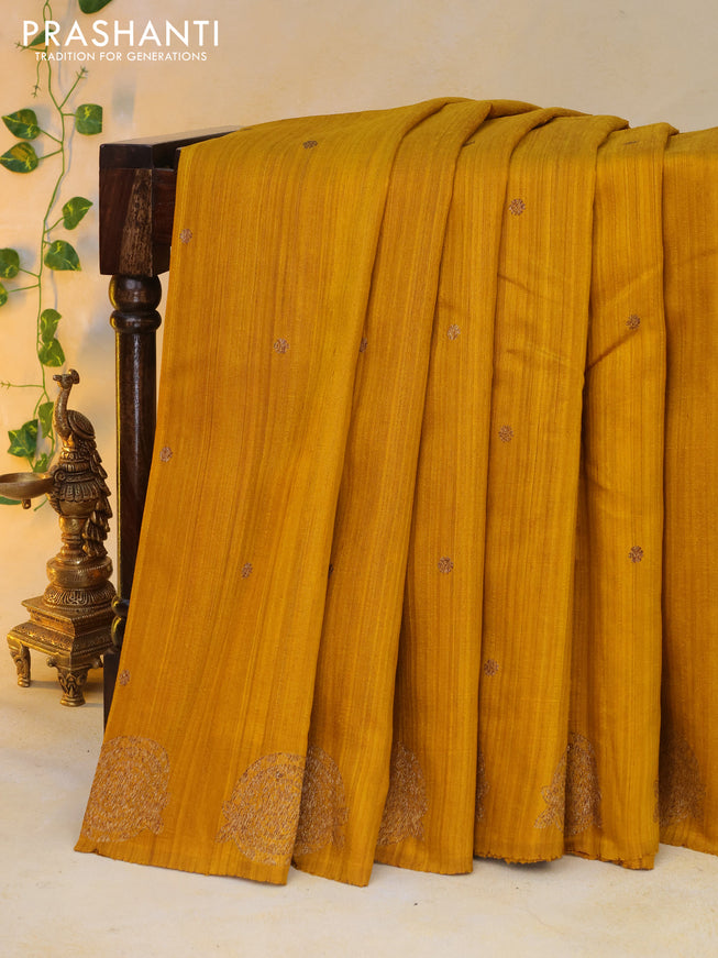 Banarasi raw silk saree mustard yellow with thread & zari woven buttas and woven butta border