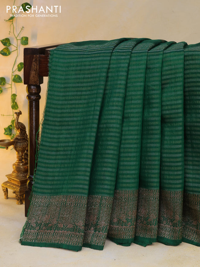 Banarasi raw silk saree dark green with thread & zari woven floral buttas and long woven border