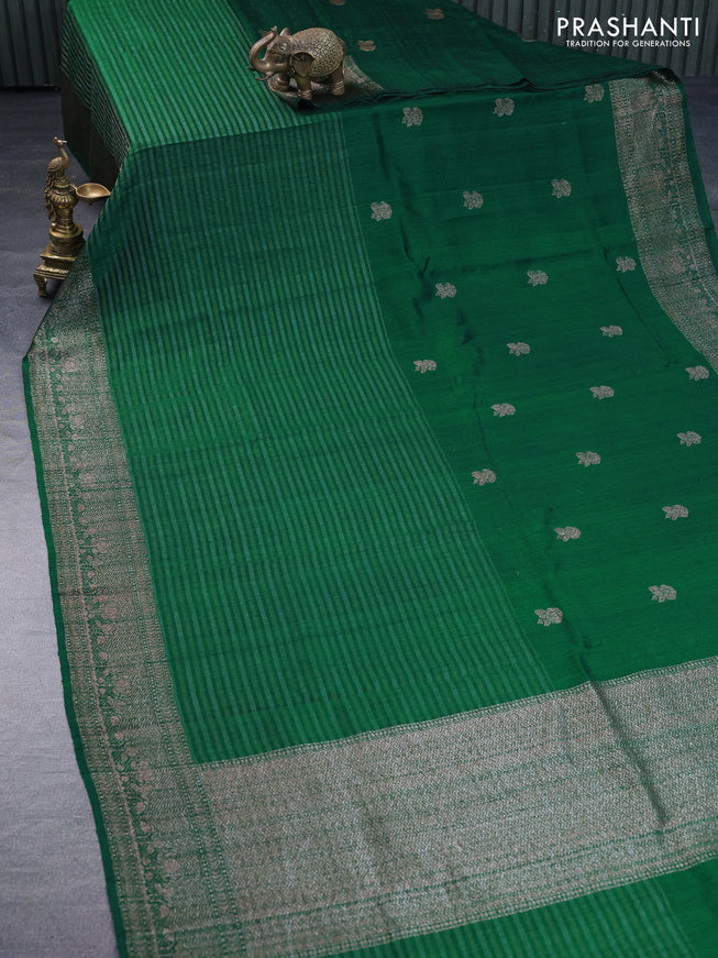 Banarasi raw silk saree dark green with thread & zari woven floral buttas and long woven border