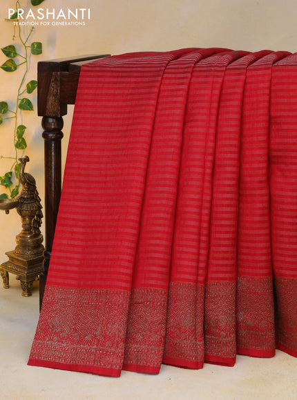 Banarasi raw silk saree kumkum red and green with thread & zari woven floral buttas and long woven border