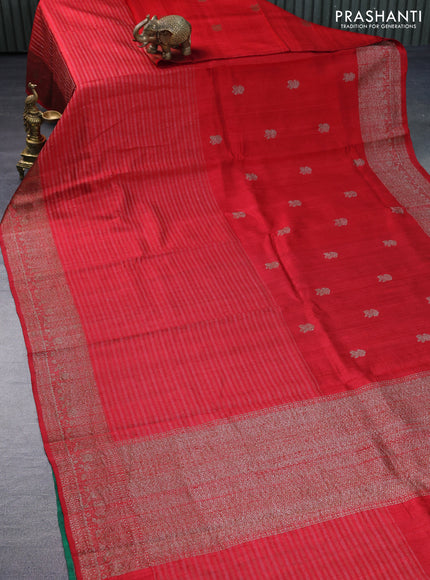 Banarasi raw silk saree kumkum red and green with thread & zari woven floral buttas and long woven border