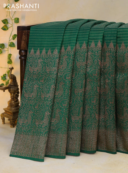 Banarasi raw silk saree dark green and red with allover zari stripe pattern and long woven border