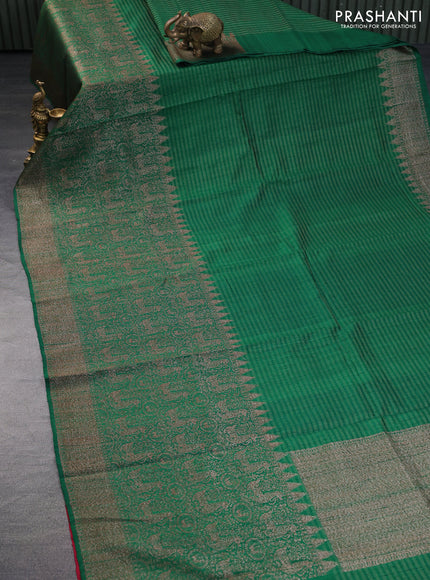 Banarasi raw silk saree dark green and red with allover zari stripe pattern and long woven border