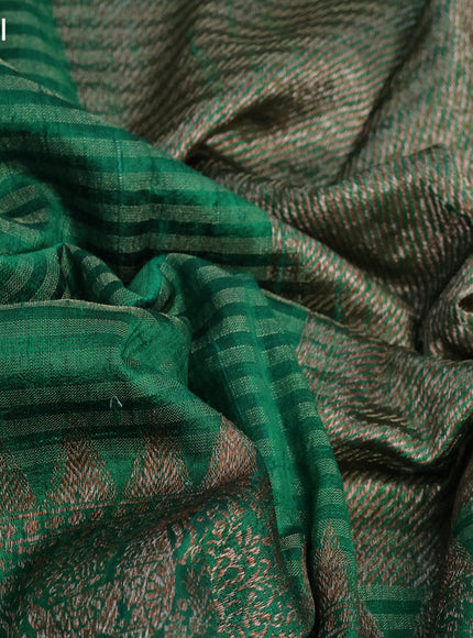 Banarasi raw silk saree dark green and red with allover zari stripe pattern and long woven border