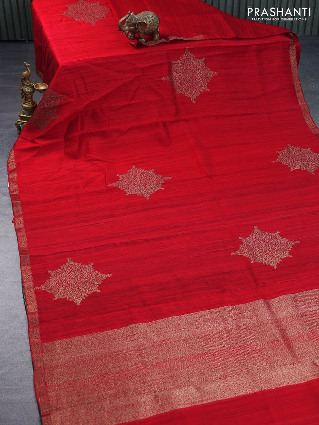 Banarasi raw silk saree red and green with thread & zari woven buttas and woven border