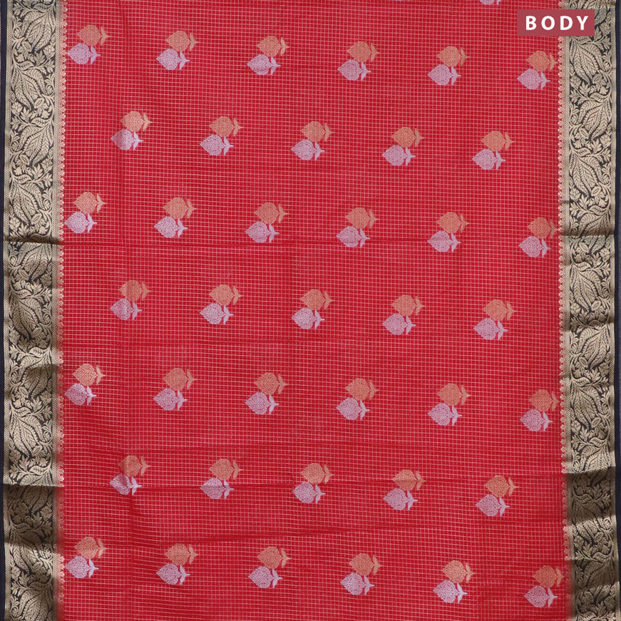 Semi crepe saree kumkum red with allover zari checks & buttas and zari woven border