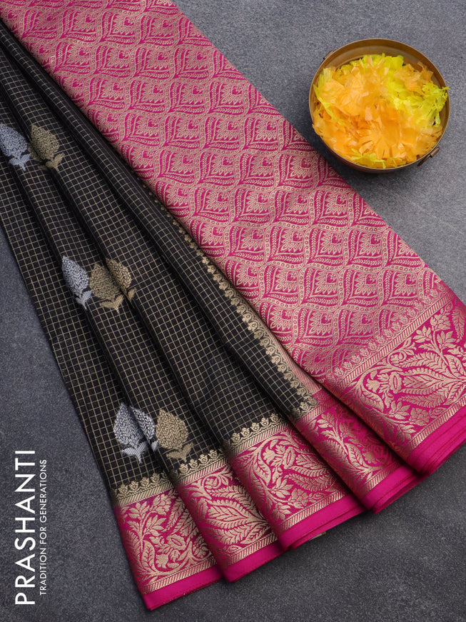 Semi crepe saree black and pink with allover zari checks & buttas and zari woven border