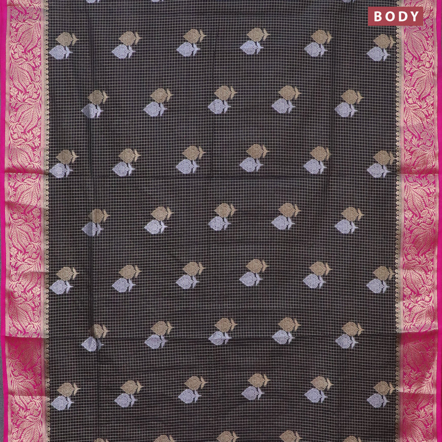 Semi crepe saree black and pink with allover zari checks & buttas and zari woven border