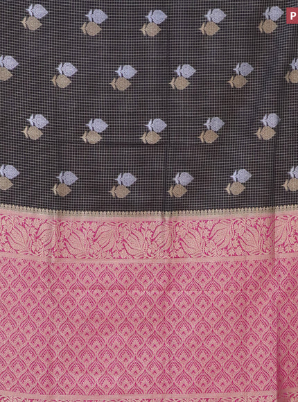 Semi crepe saree black and pink with allover zari checks & buttas and zari woven border