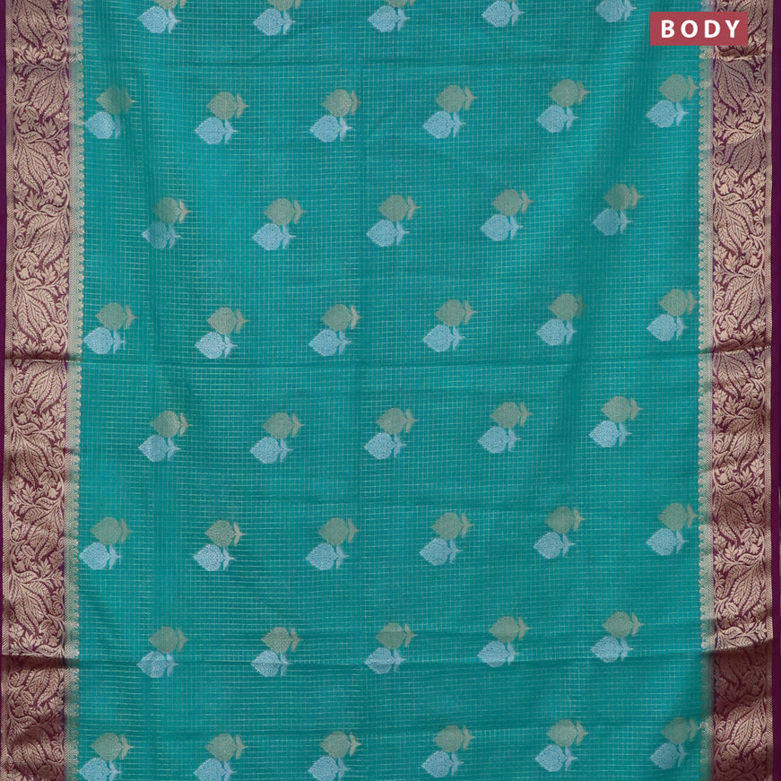 Semi crepe saree teal blue and purple with allover zari checks & buttas and zari woven border